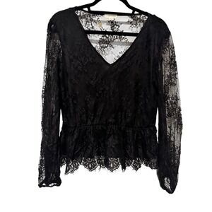 Black Lace Floral Peplum Blouse Eyelash Trim M Whimsygoth Grunge Goth‎ Romantic